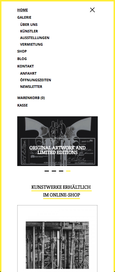 Website Design des Menüs vom Only Art Club Hamburg